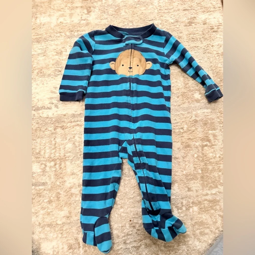 Child of Mine Navy and Blue Striped Footie with Monkey size 3/6M